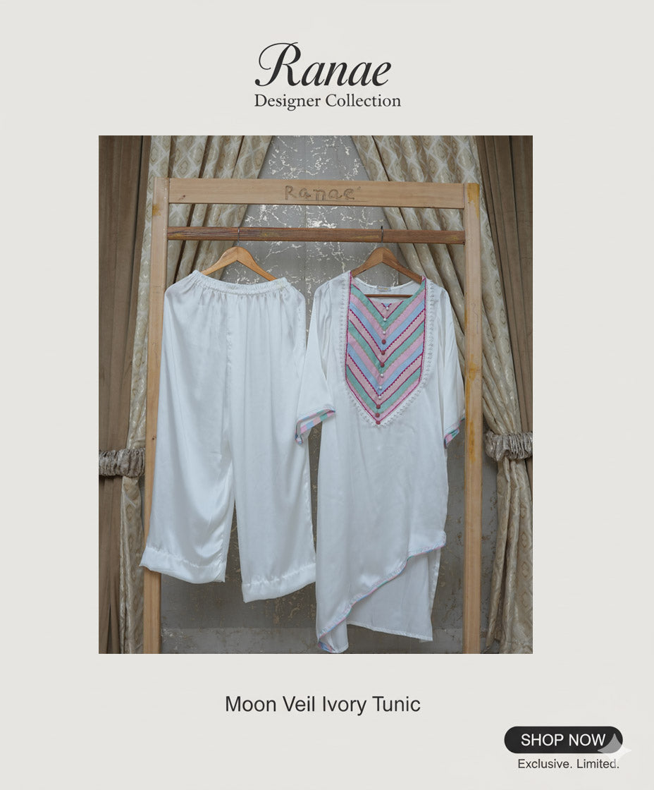 🤍 White Silk 2-Piece Pajama Co-Ord | Asymmetrical Top with Multicolor Embroidered Neckline | Luxury Lounge & Occasion Wear
