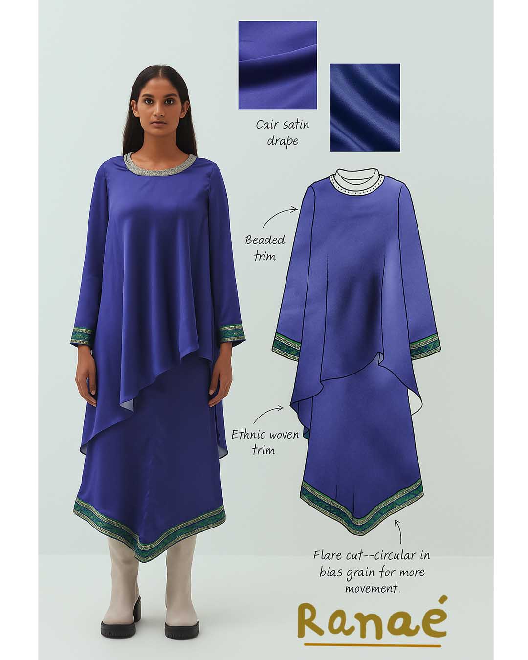 Navy Silk Tunic with Embellished Neckline & Printed Border | Luxury Designer Wear