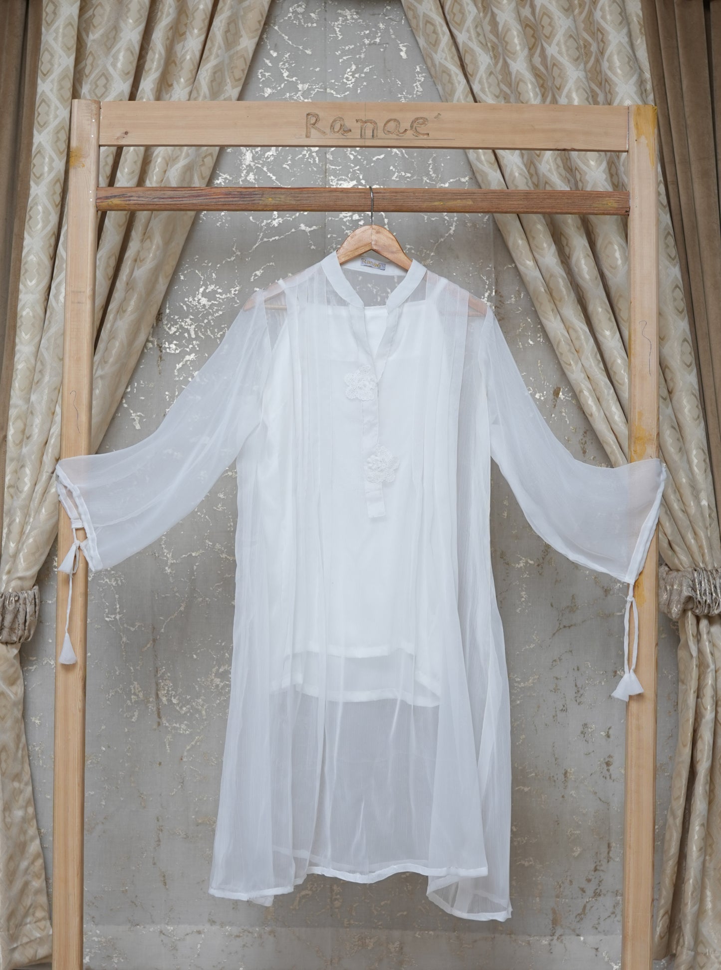 White Crinkle Tunic with Silk Camisole | Butterfly Brooch & Tassel Detail | Designer Wear