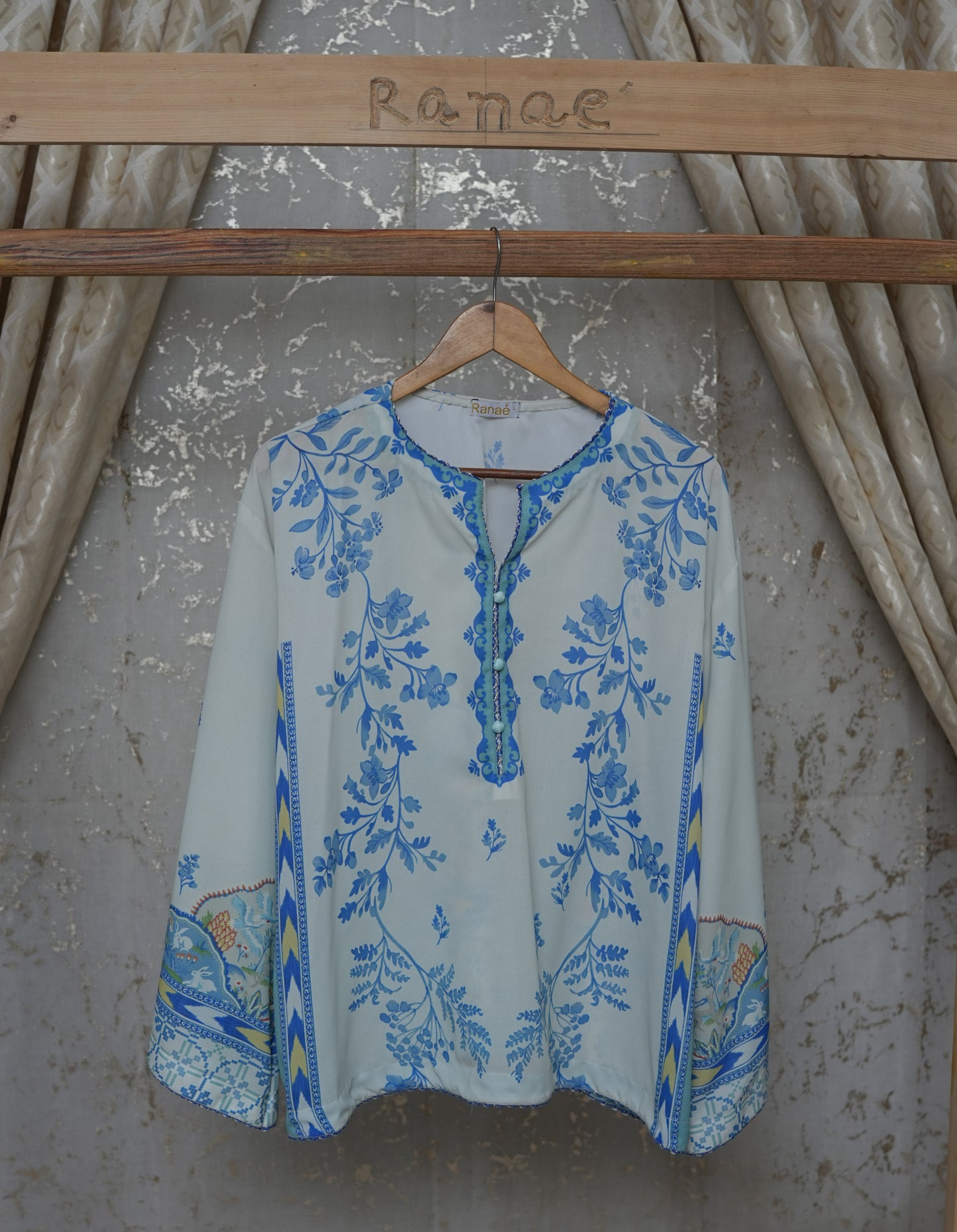 Printed Georgette-Silk Tunic | Intricate Lace & Button Neckline | Designer Wear