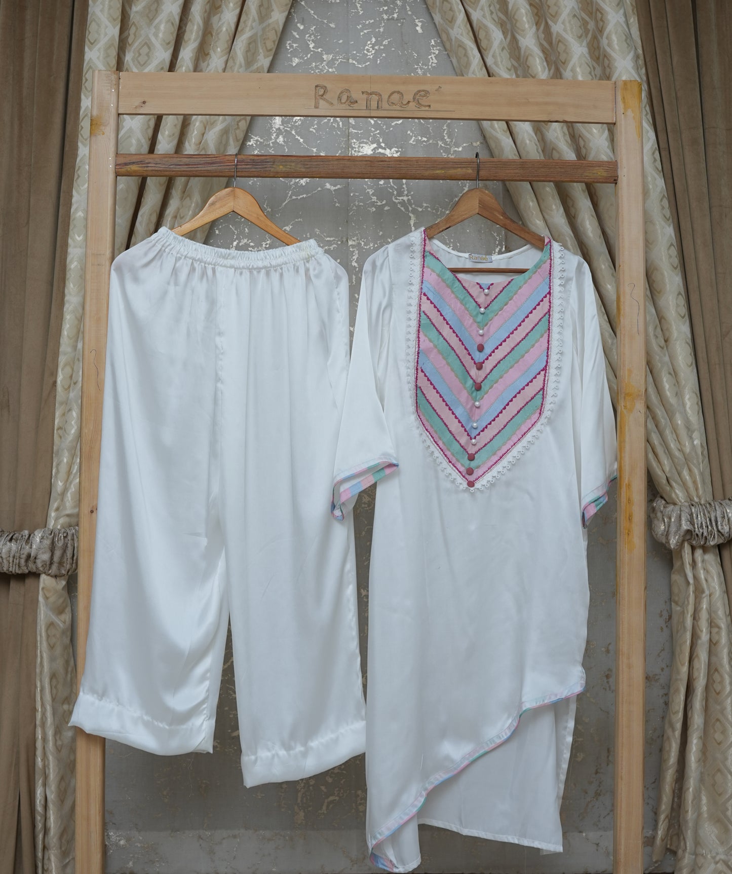 🤍 White Silk 2-Piece Pajama Co-Ord | Asymmetrical Top with Multicolor Embroidered Neckline | Luxury Lounge & Occasion Wear