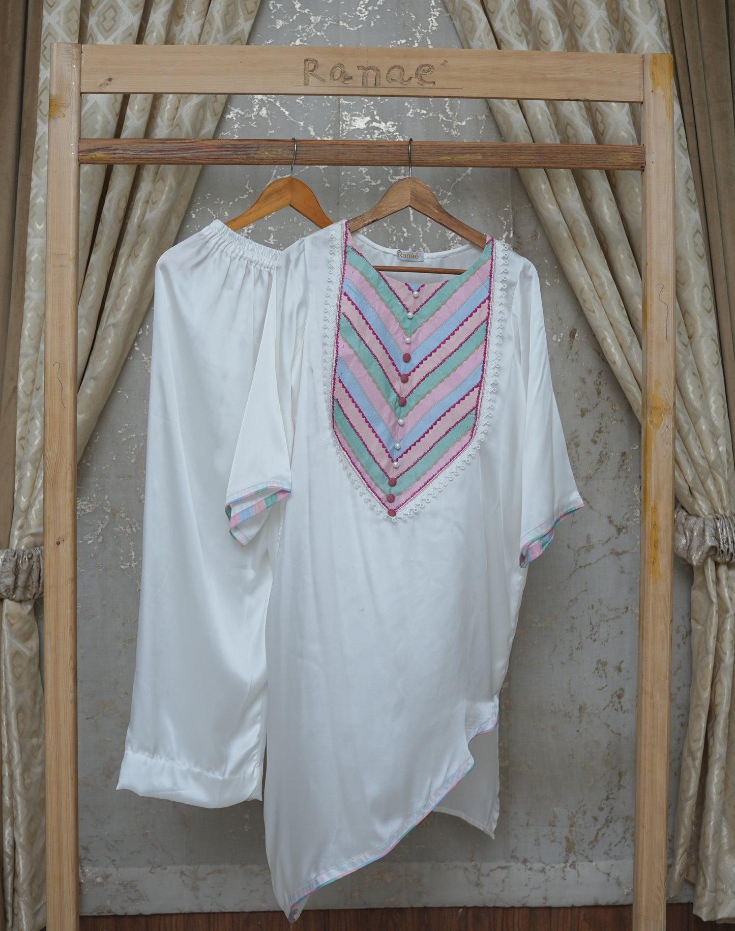 🤍 White Silk 2-Piece Pajama Co-Ord | Asymmetrical Top with Multicolor Embroidered Neckline | Luxury Lounge & Occasion Wear