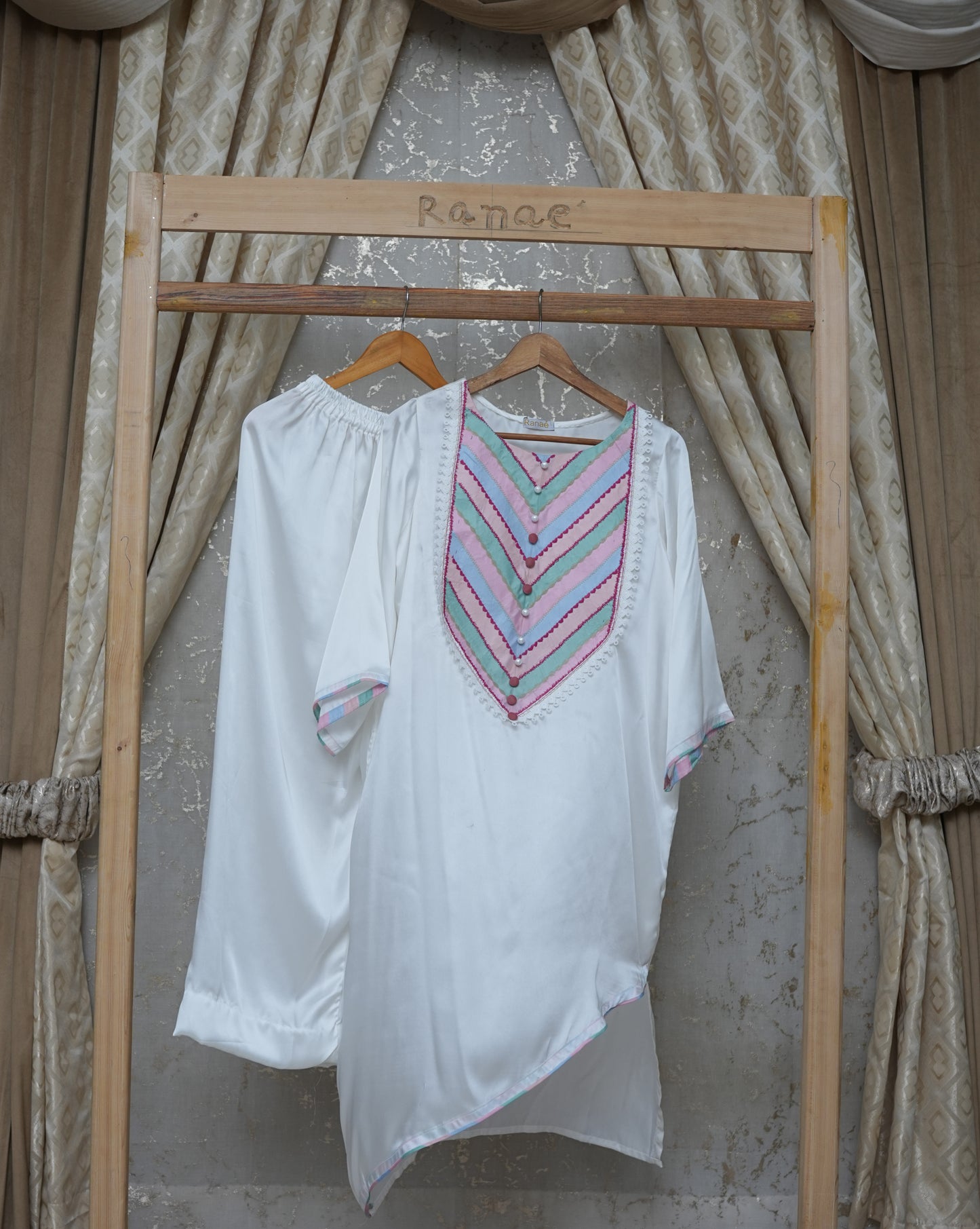 🤍 White Silk 2-Piece Pajama Co-Ord | Asymmetrical Top with Multicolor Embroidered Neckline | Luxury Lounge & Occasion Wear