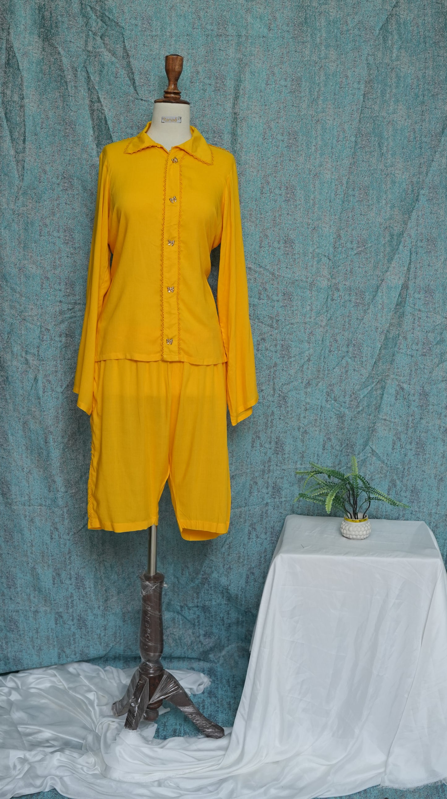 🌼 Gold Yellow Easy-Wear Set | Fine Stitching, Lace Detail & Long Nicker | Designer Casual & Lounge Wear