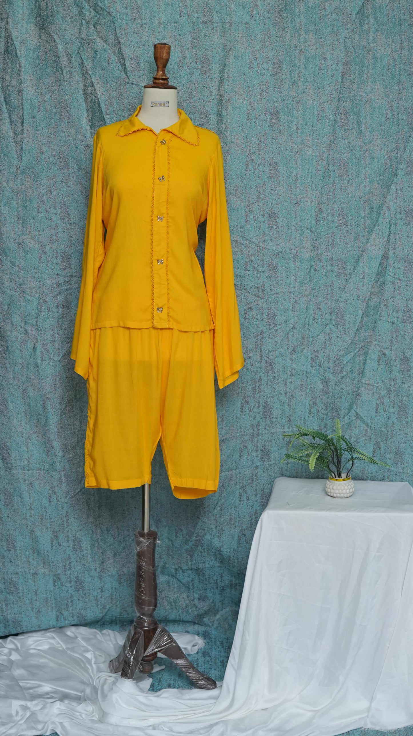 🌼 Gold Yellow Easy-Wear Set | Fine Stitching, Lace Detail & Long Nicker | Designer Casual & Lounge Wear