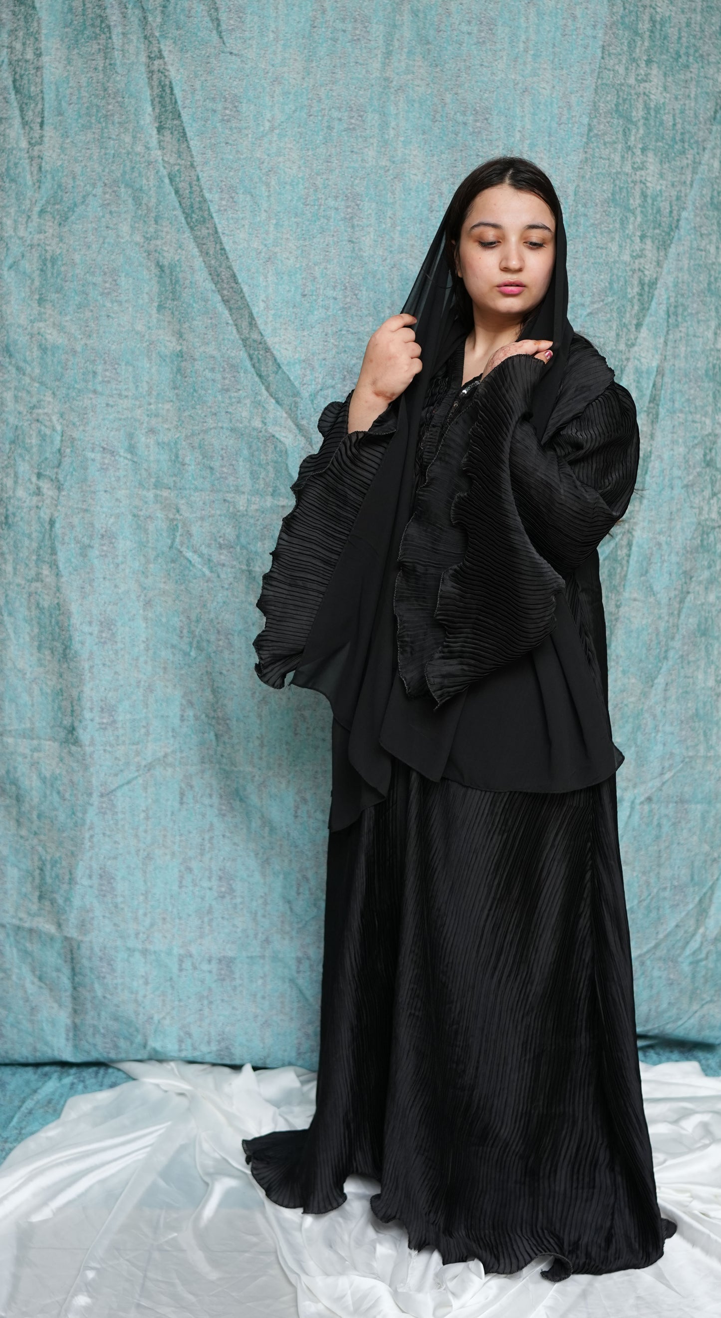 🖤 Mahawar Collection | Black Gathered Gown with Scarf & Sequin Neckline | Luxury Designer Wear