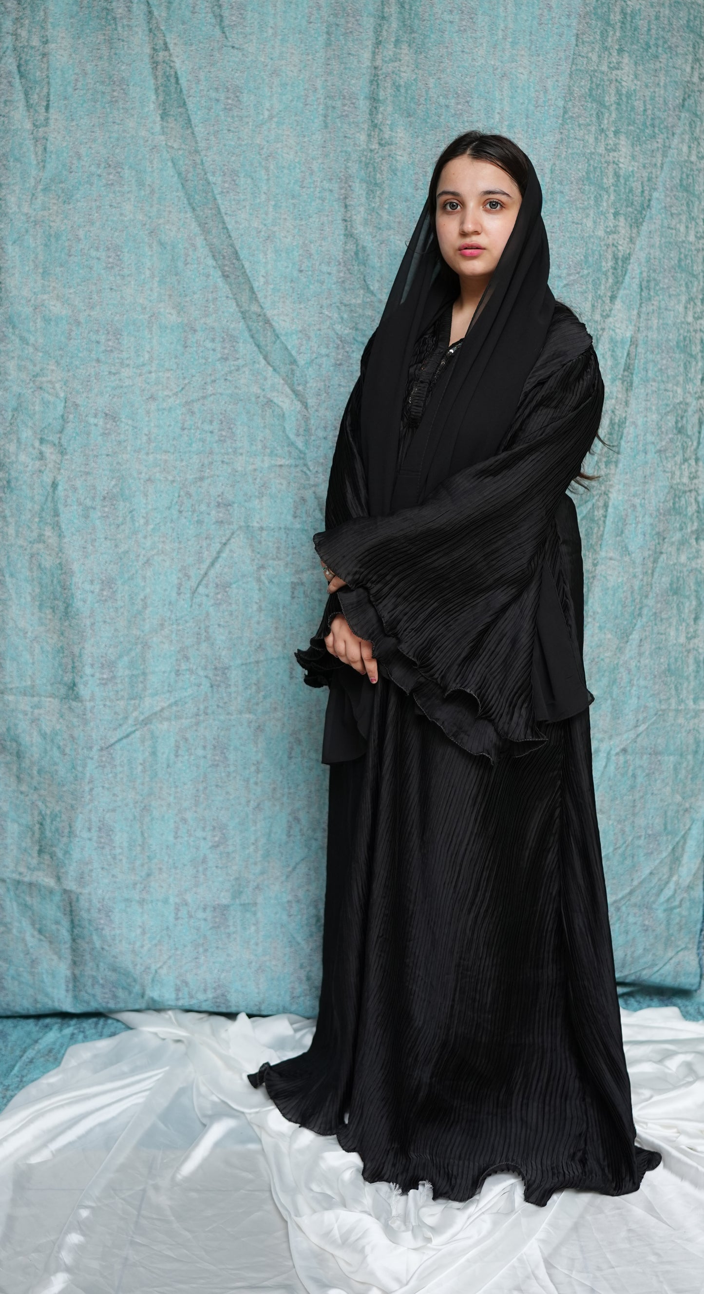 🖤 Mahawar Collection | Black Gathered Gown with Scarf & Sequin Neckline | Luxury Designer Wear
