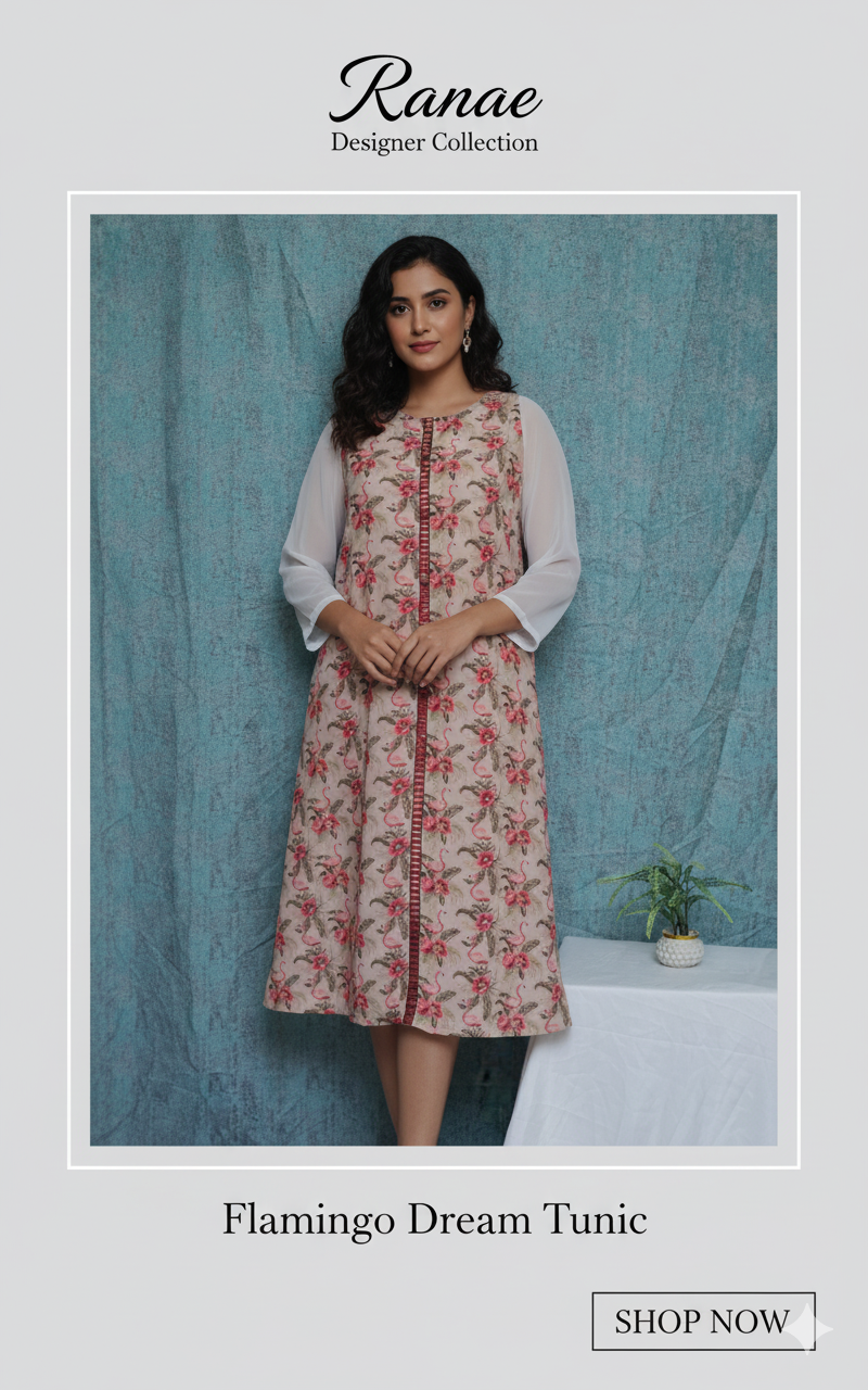 Flamingo Print Tunic Dress | Crinkle Chiffon with Inner | Designer Girlies Wear