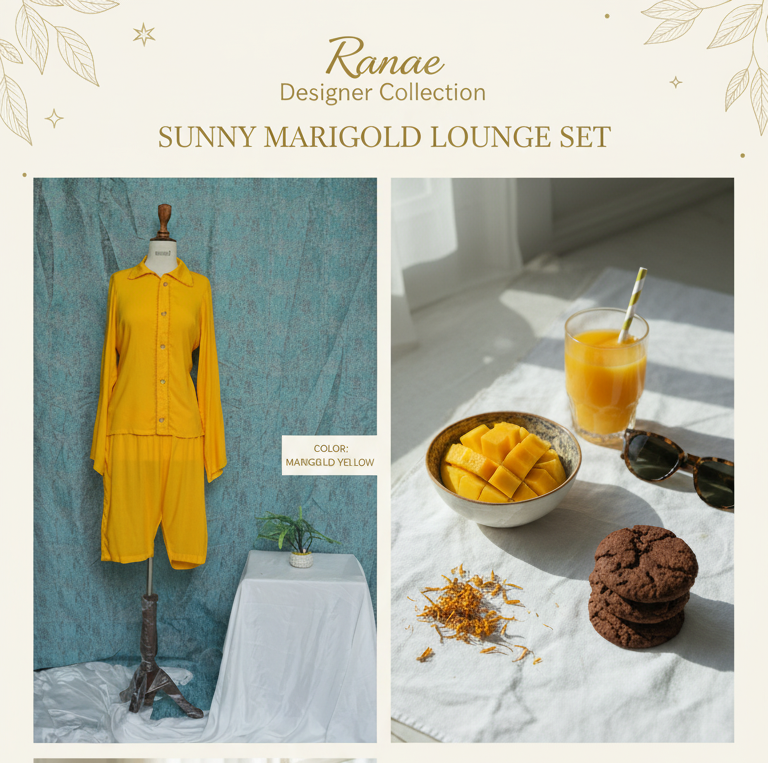 🌼 Gold Yellow Easy-Wear Set | Fine Stitching, Lace Detail & Long Nicker | Designer Casual & Lounge Wear