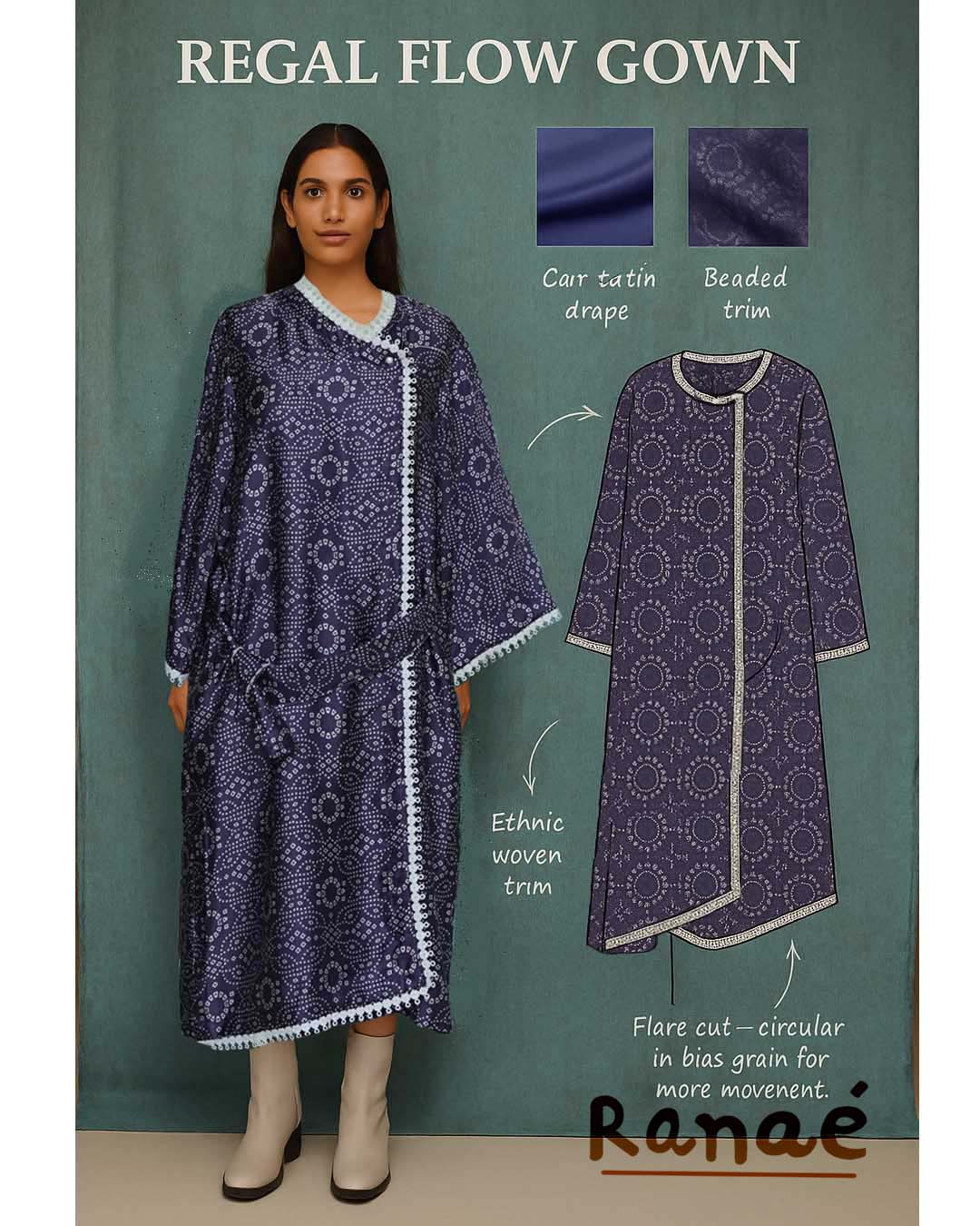 🌙 Chunri Navy Printed Chiffon Angrakha Tunic | Fabricated Belt & Lace Work | Designer Indian Style