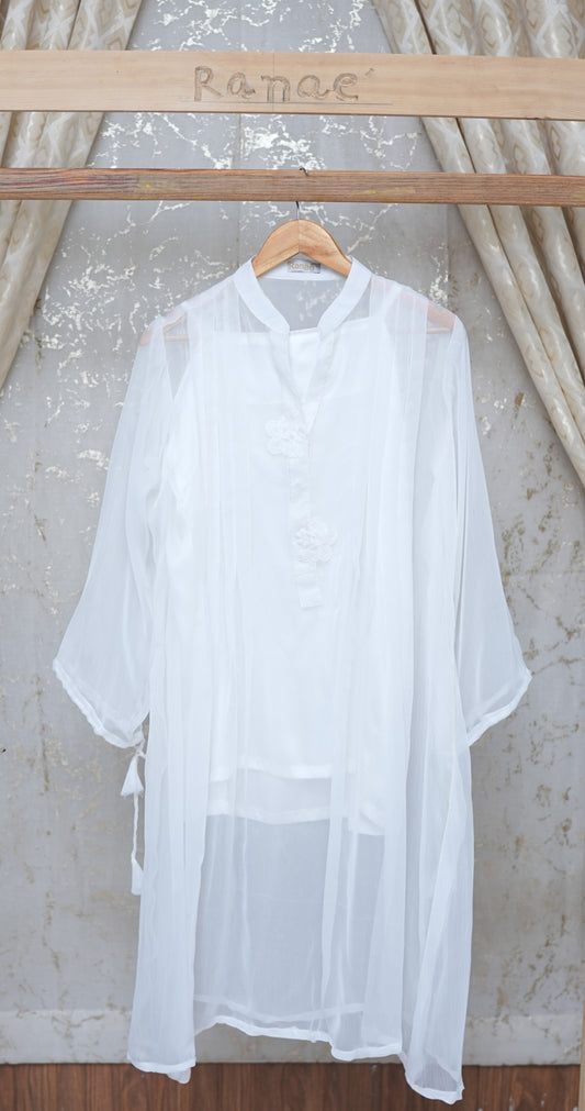 White Crinkle Tunic with Silk Camisole | Butterfly Brooch & Tassel Detail | Designer Wear