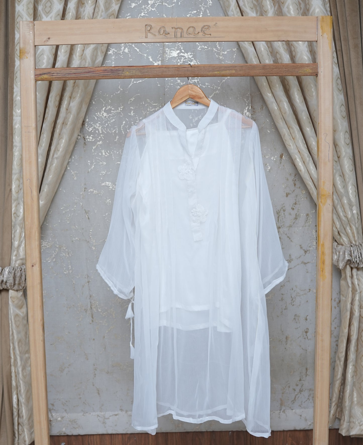 White Crinkle Tunic with Silk Camisole | Butterfly Brooch & Tassel Detail | Designer Wear