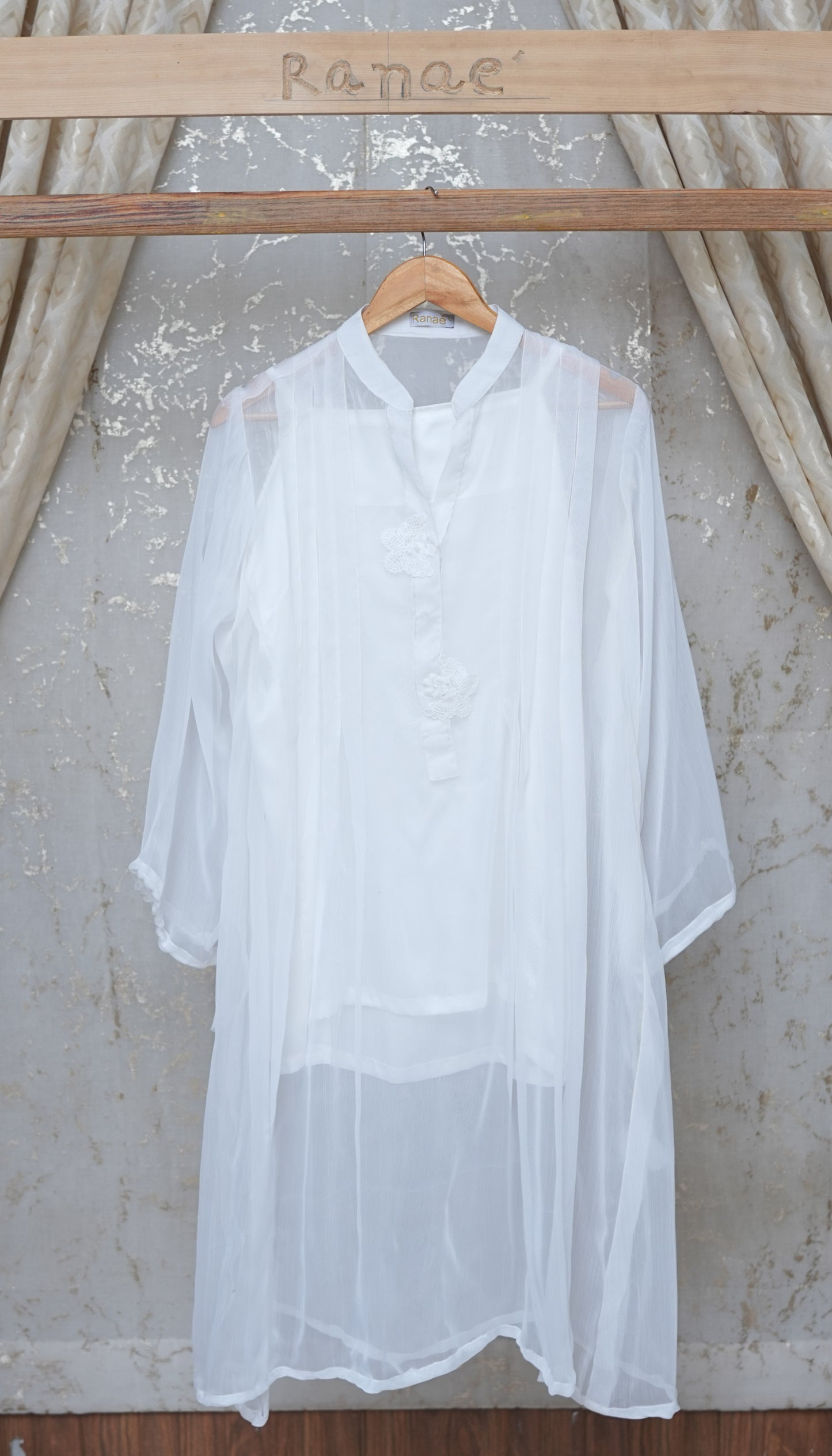 White Crinkle Tunic with Silk Camisole | Butterfly Brooch & Tassel Detail | Designer Wear