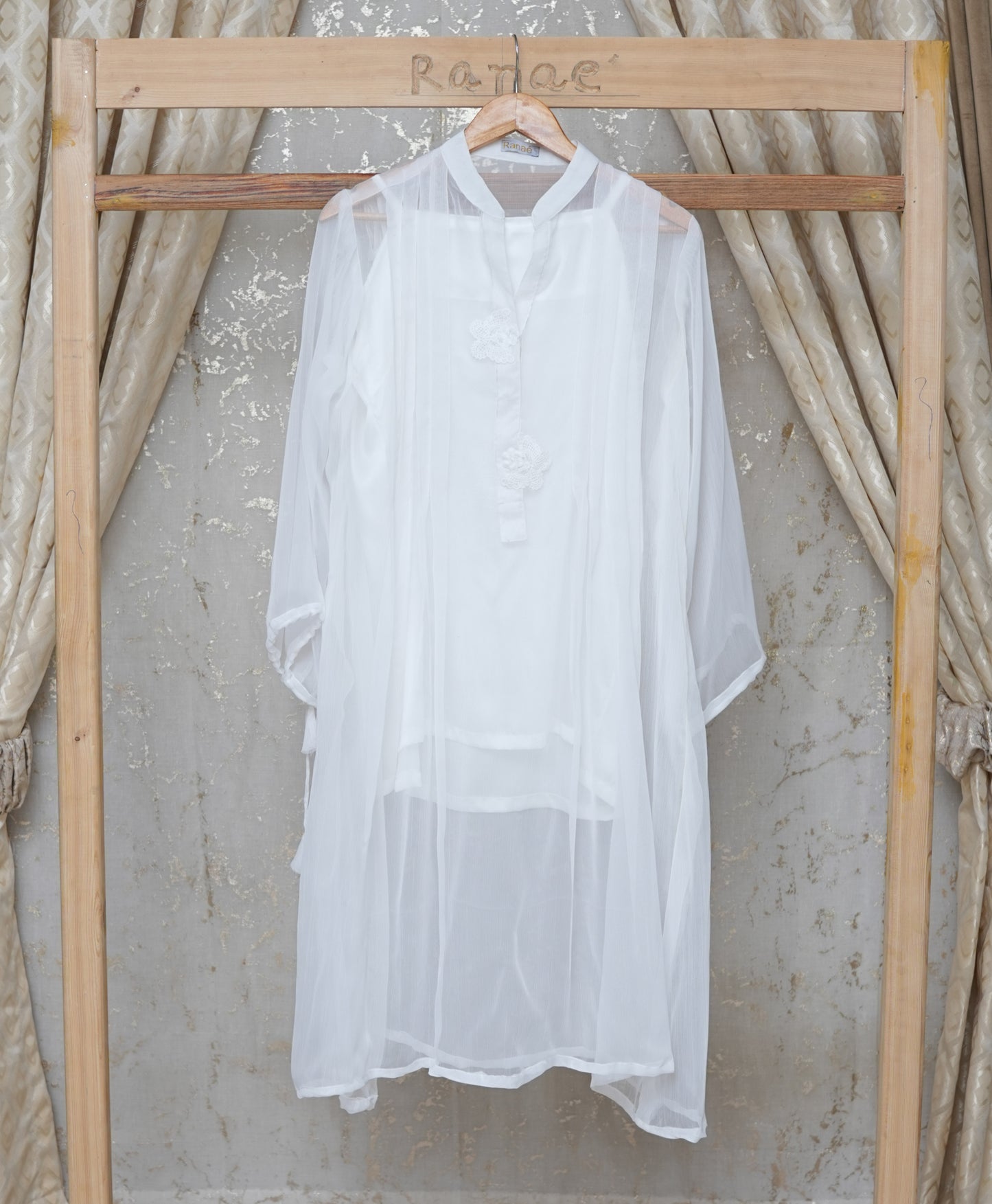 White Crinkle Tunic with Silk Camisole | Butterfly Brooch & Tassel Detail | Designer Wear
