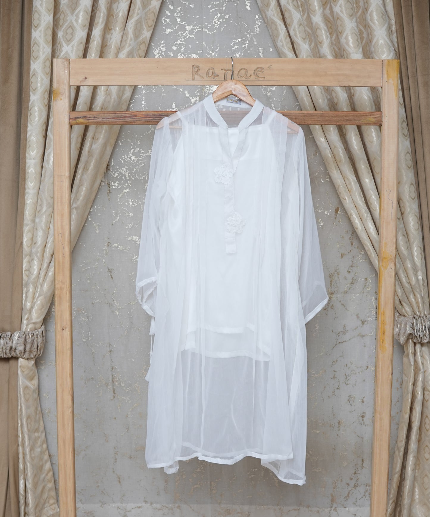 White Crinkle Tunic with Silk Camisole | Butterfly Brooch & Tassel Detail | Designer Wear