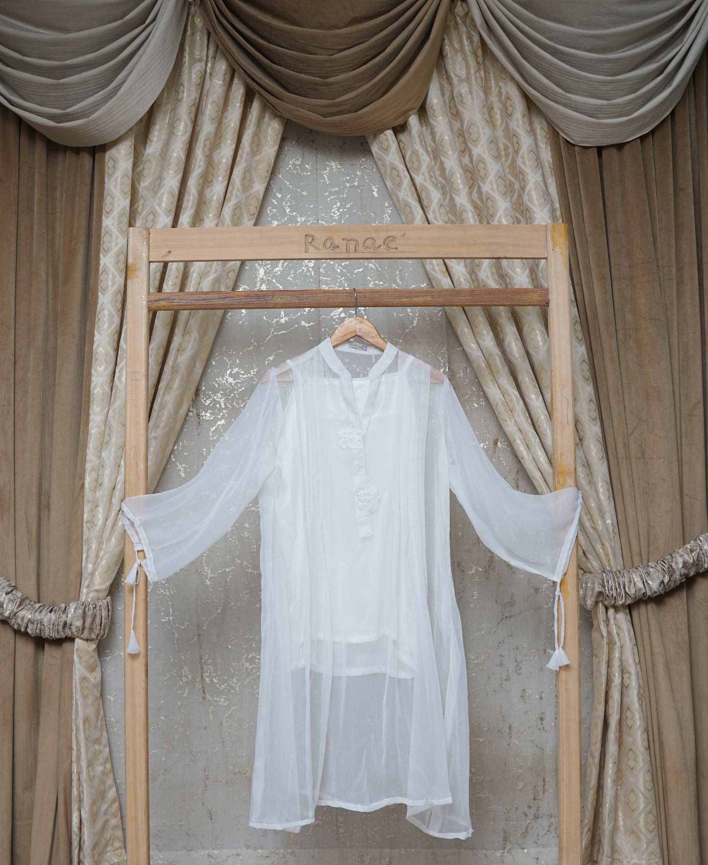 White Crinkle Tunic with Silk Camisole | Butterfly Brooch & Tassel Detail | Designer Wear