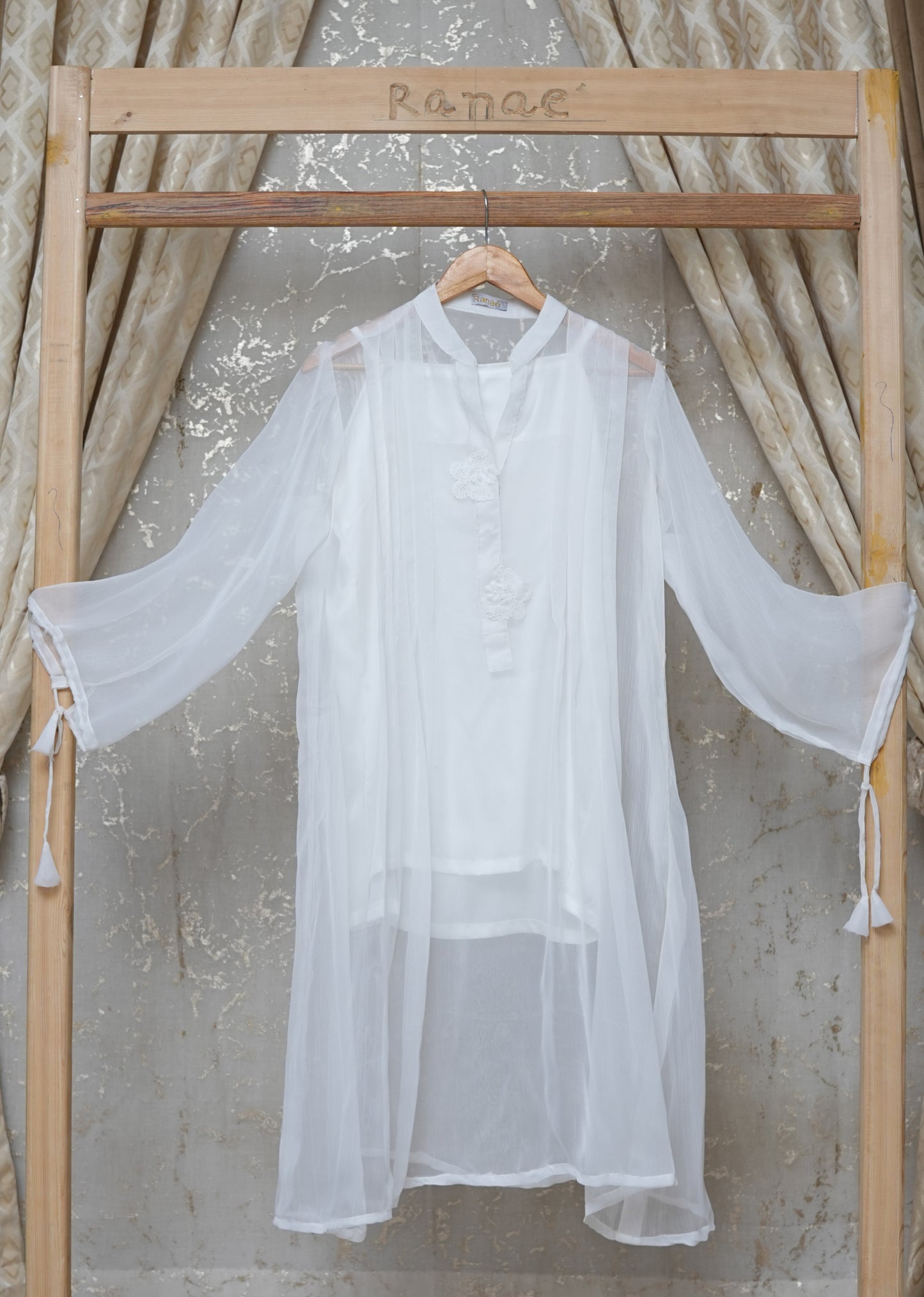 White Crinkle Tunic with Silk Camisole | Butterfly Brooch & Tassel Detail | Designer Wear