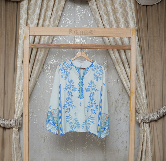 Printed Georgette-Silk Tunic | Intricate Lace & Button Neckline | Designer Wear