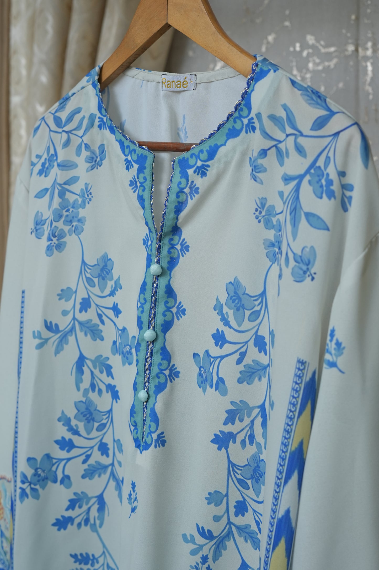 Printed Georgette-Silk Tunic | Intricate Lace & Button Neckline | Designer Wear