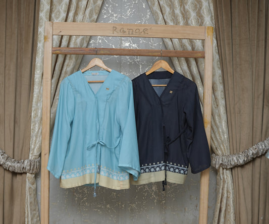 Cozy Blue Chinese-Style Tunic | Border Design, Tassel & Bow Button | Designer Wear