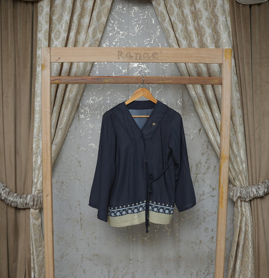 Black Chinese-Style Tunic | Border Design, Tassel & Bow Button | Designer Wear