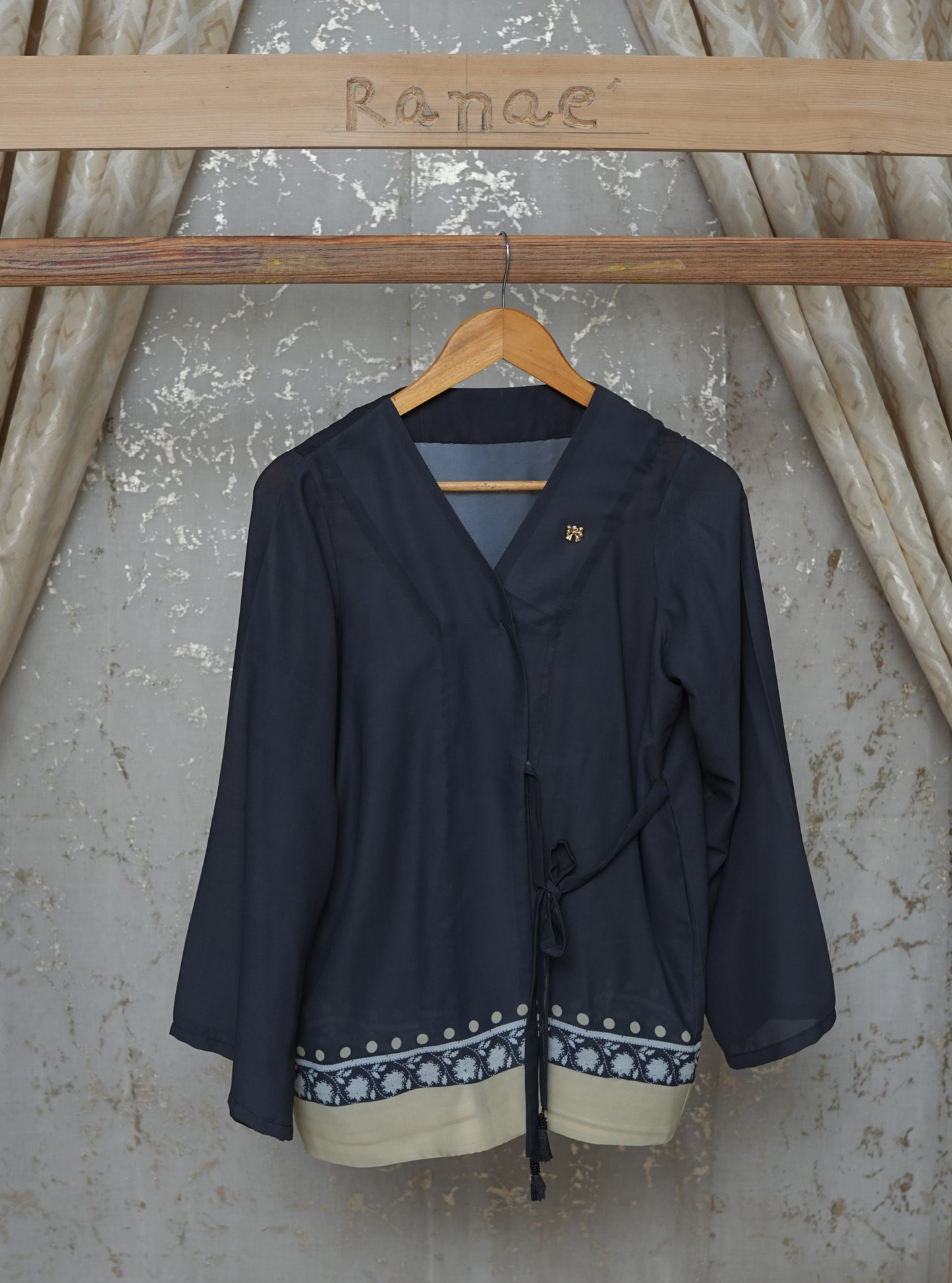Black Chinese-Style Tunic | Border Design, Tassel & Bow Button | Designer Wear