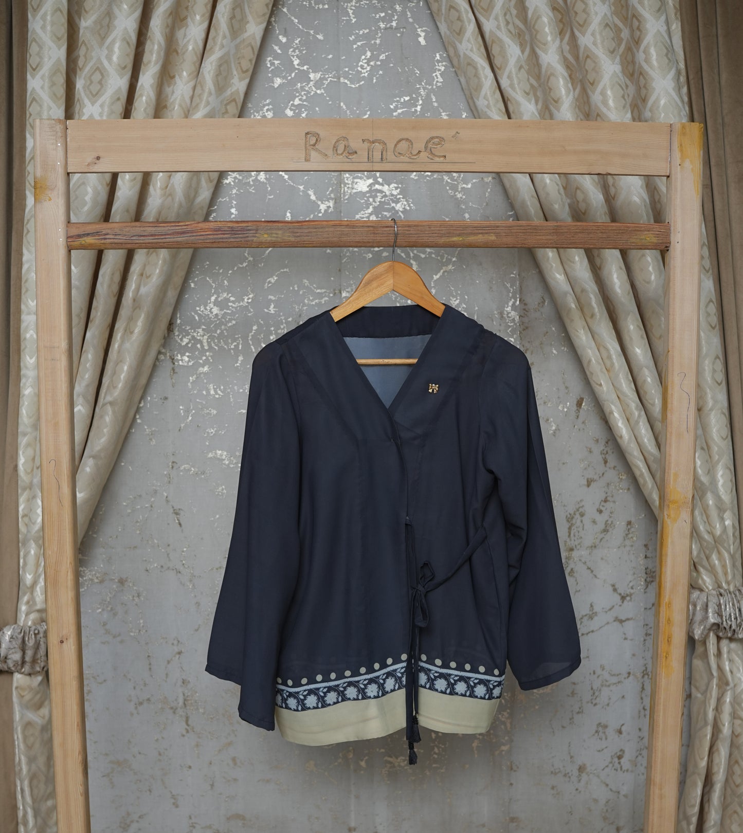 Black Chinese-Style Tunic | Border Design, Tassel & Bow Button | Designer Wear