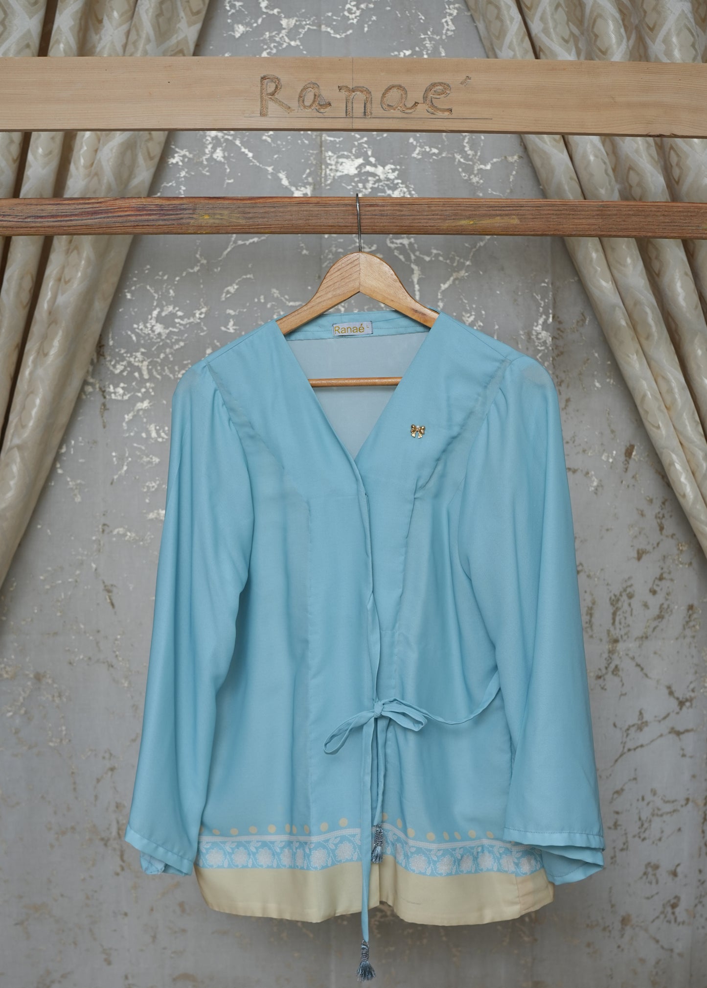 Cozy Blue Chinese-Style Tunic | Border Design, Tassel & Bow Button | Designer Wear