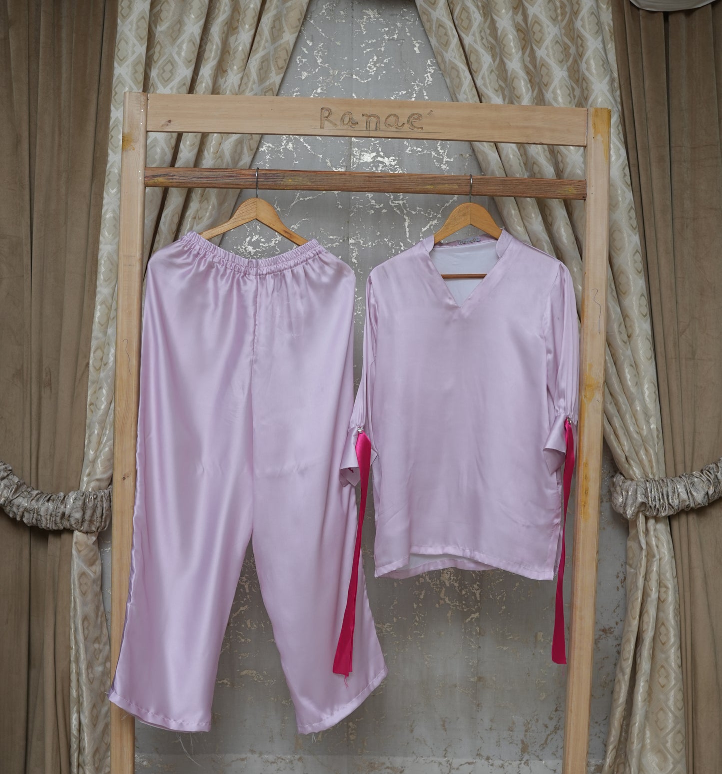 💗 Pink Silk Lounge Wear Set | Bold Ribbon Sleeve Top & Pants | Luxury Home & Casual Wear