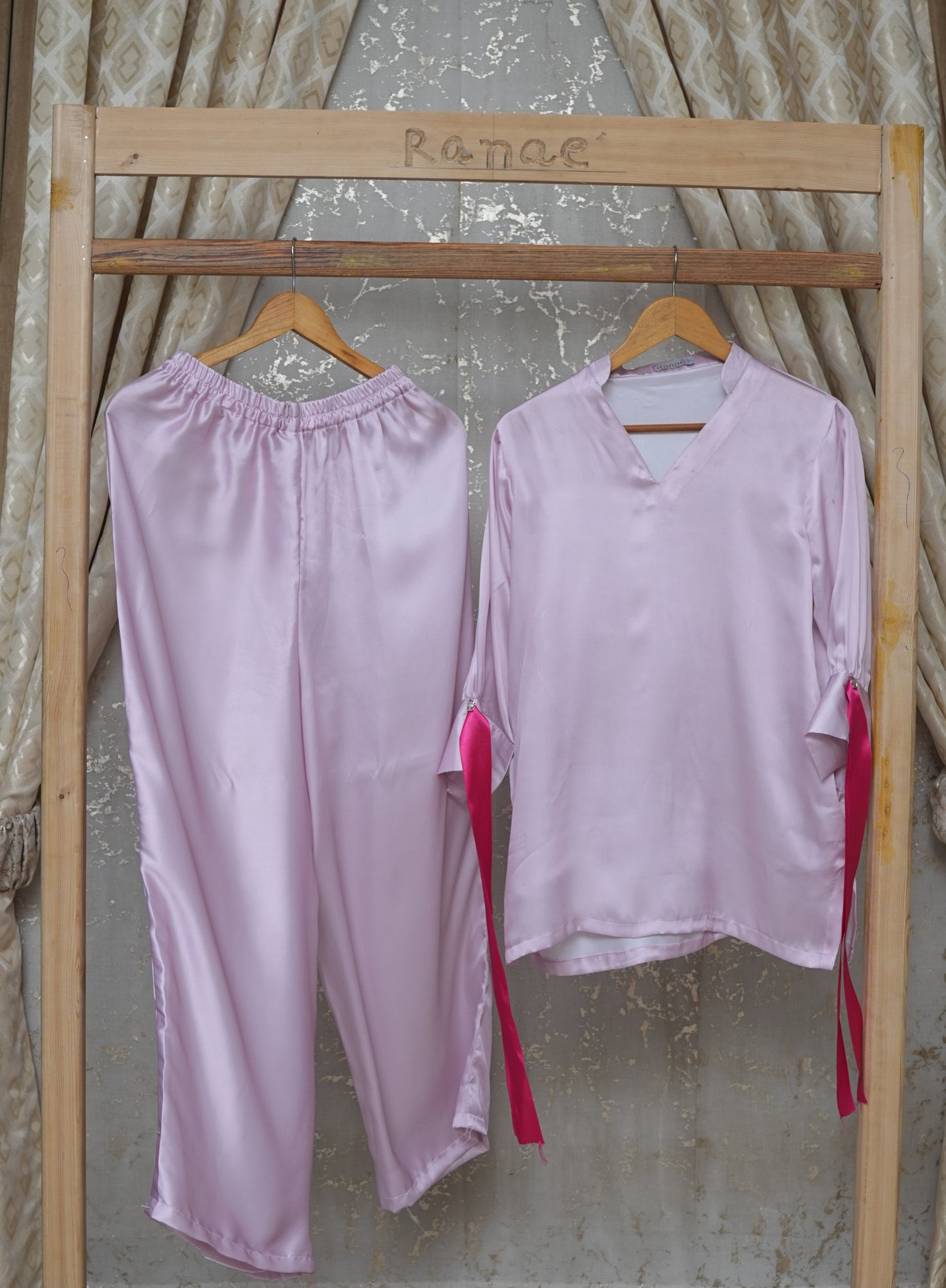 💗 Pink Silk Lounge Wear Set | Bold Ribbon Sleeve Top & Pants | Luxury Home & Casual Wear