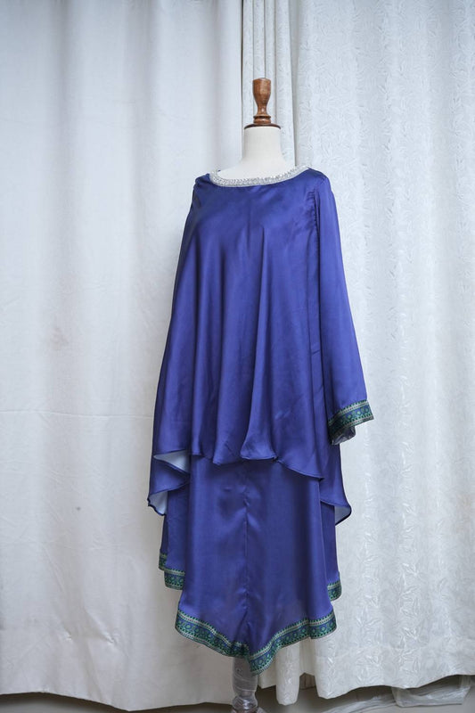 Navy Silk Tunic with Embellished Neckline & Printed Border | Luxury Designer Wear