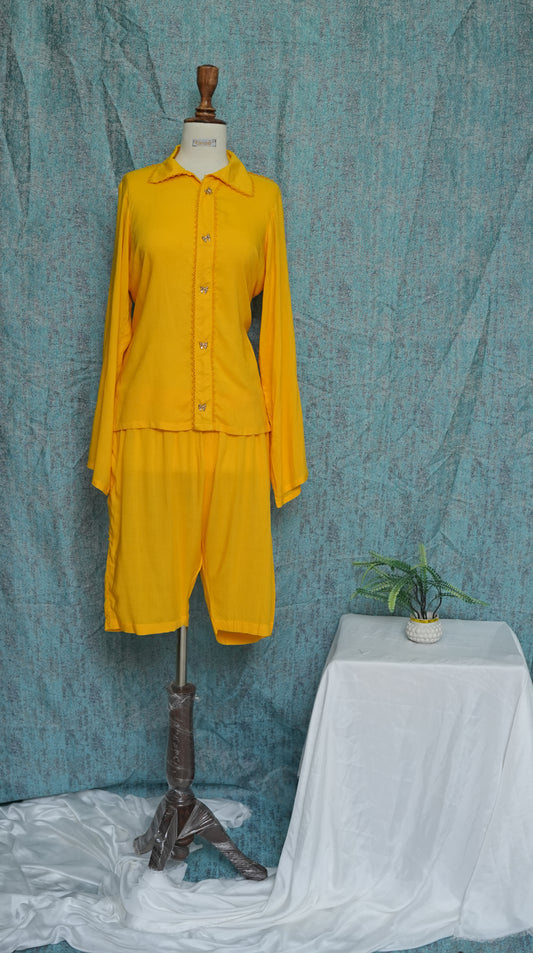 🌼 Gold Yellow Easy-Wear Set | Fine Stitching, Lace Detail & Long Nicker | Designer Casual & Lounge Wear