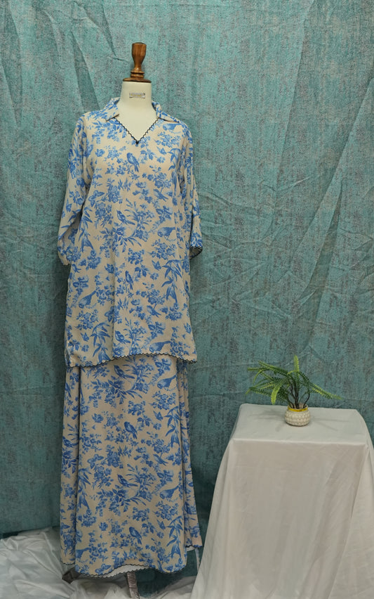 💙 Blue Floral Shirt & Skirt Set | Georgette with Edge Embroidery & Collar | Elegant Co-Ord