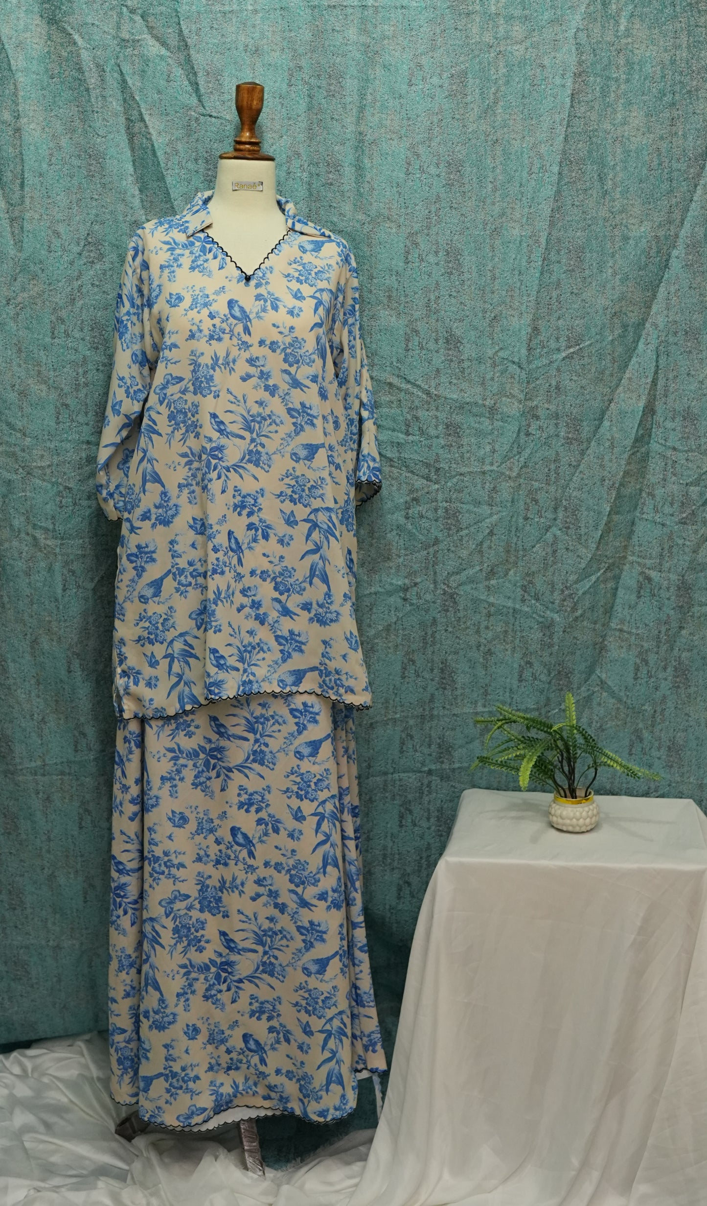 💙 Blue Floral Shirt & Skirt Set | Georgette with Edge Embroidery & Collar | Elegant Co-Ord