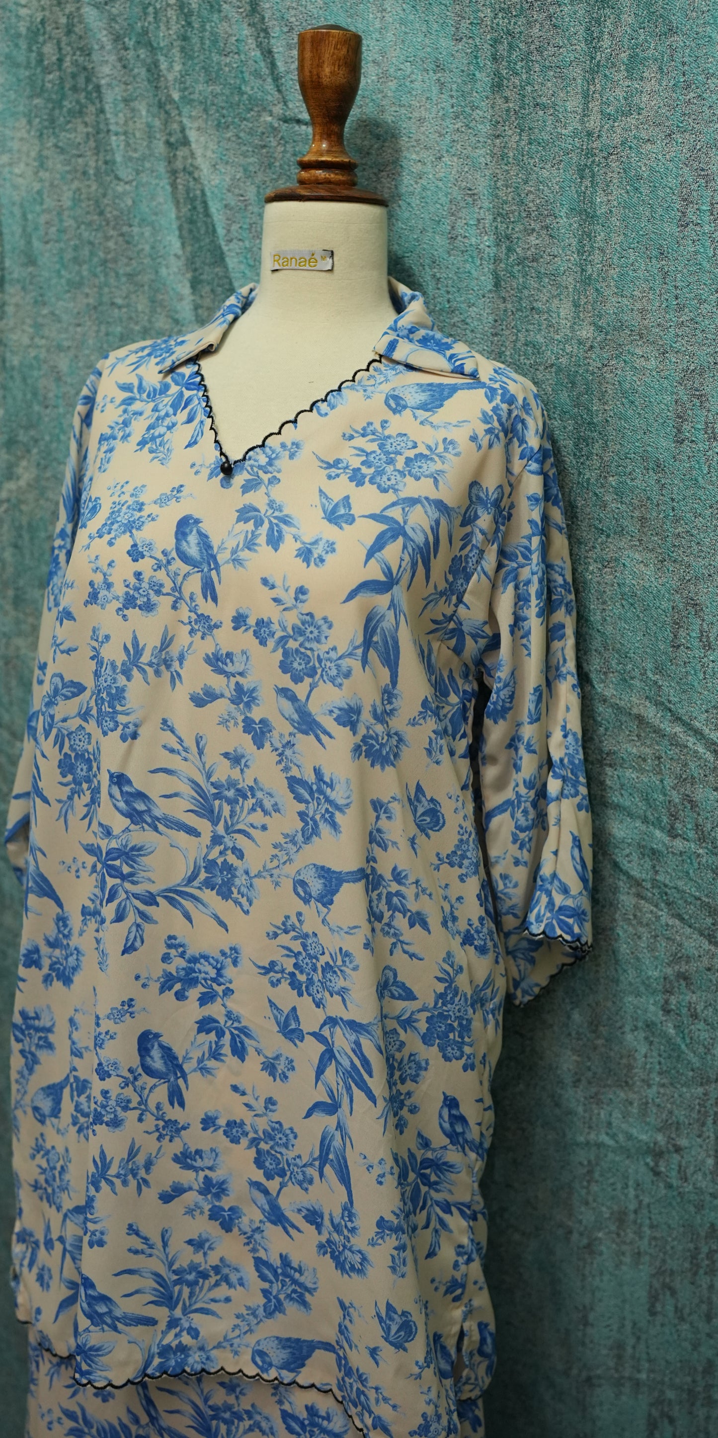 💙 Blue Floral Shirt & Skirt Set | Georgette with Edge Embroidery & Collar | Elegant Co-Ord