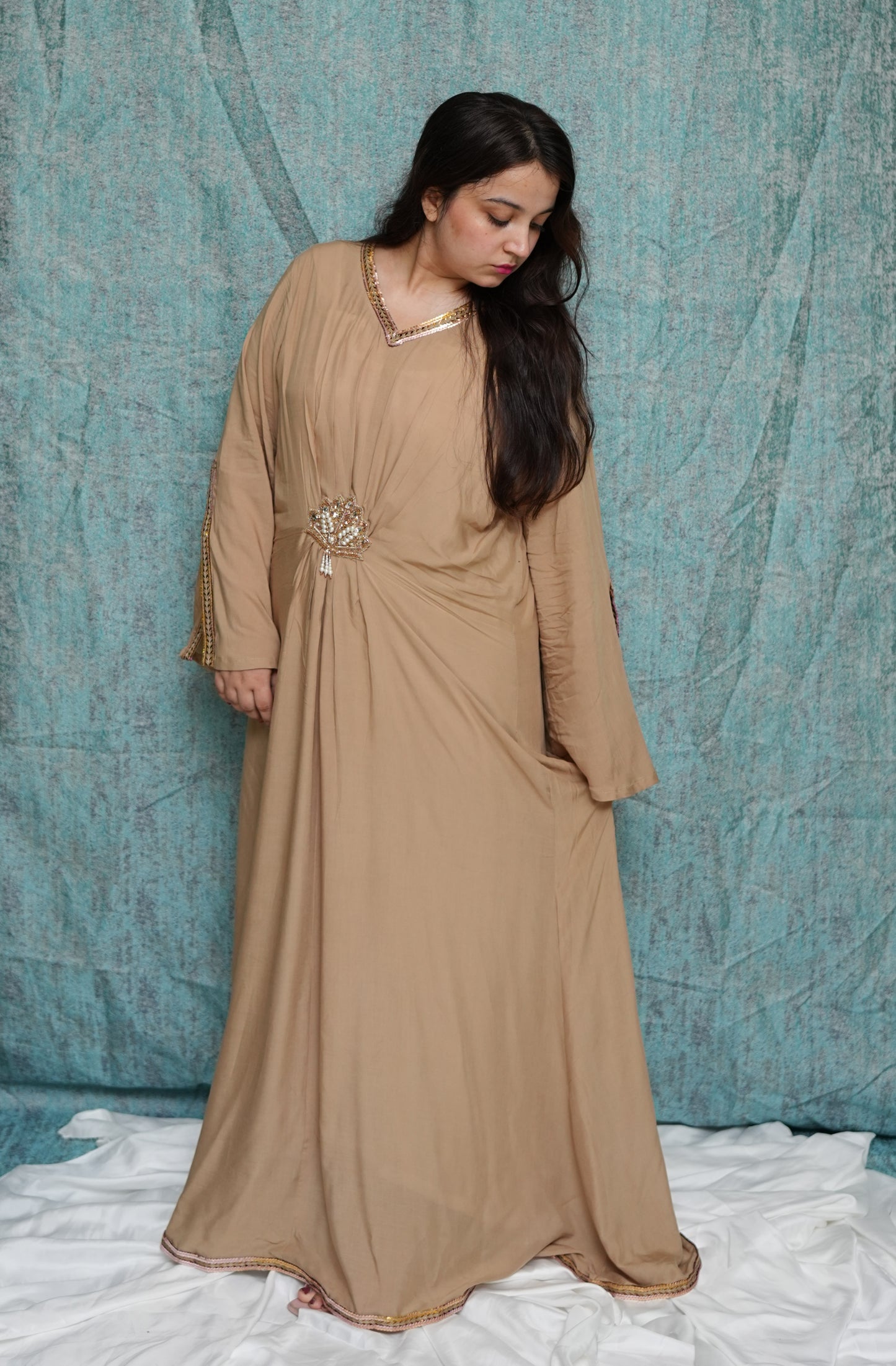 Beige Embellished Gown | Mahawar Collection with White Camisole | Luxury Designer Wear