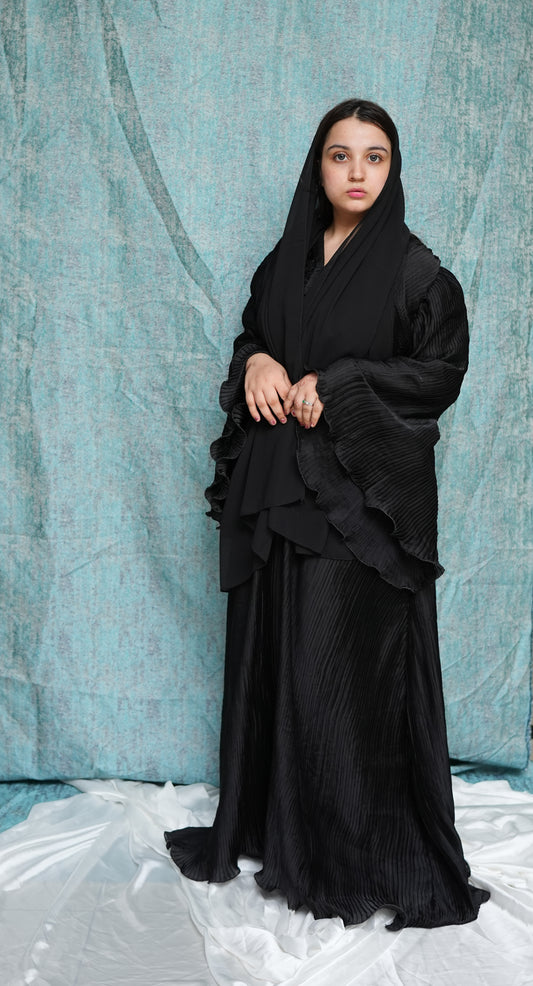 🖤 Mahawar Collection | Black Gathered Gown with Scarf & Sequin Neckline | Luxury Designer Wear