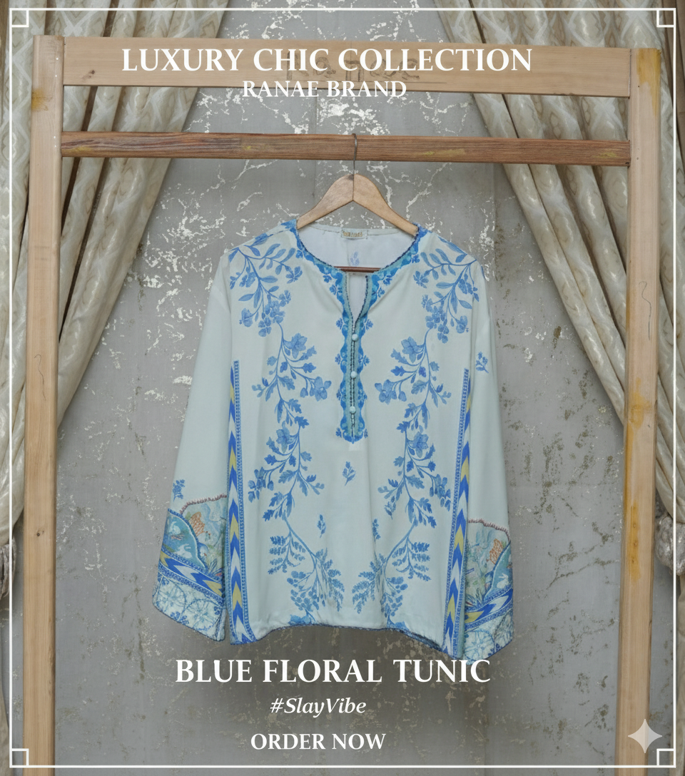 Printed Georgette-Silk Tunic | Intricate Lace & Button Neckline | Designer Wear