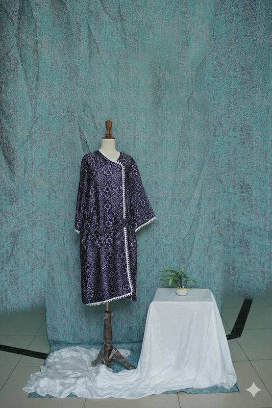 🌙 Chunri Navy Printed Chiffon Angrakha Tunic | Fabricated Belt & Lace Work | Designer Indian Style