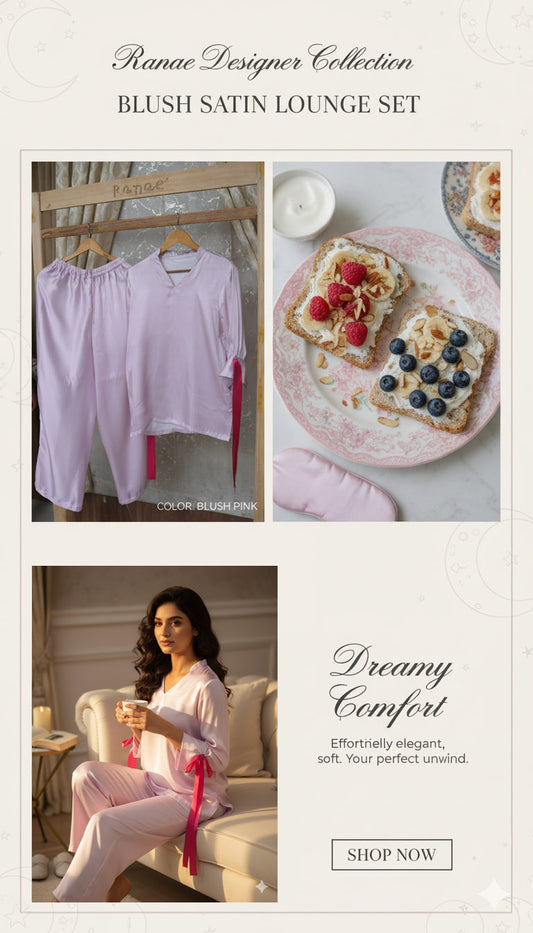 💗 Pink Silk Lounge Wear Set | Bold Ribbon Sleeve Top & Pants | Luxury Home & Casual Wear